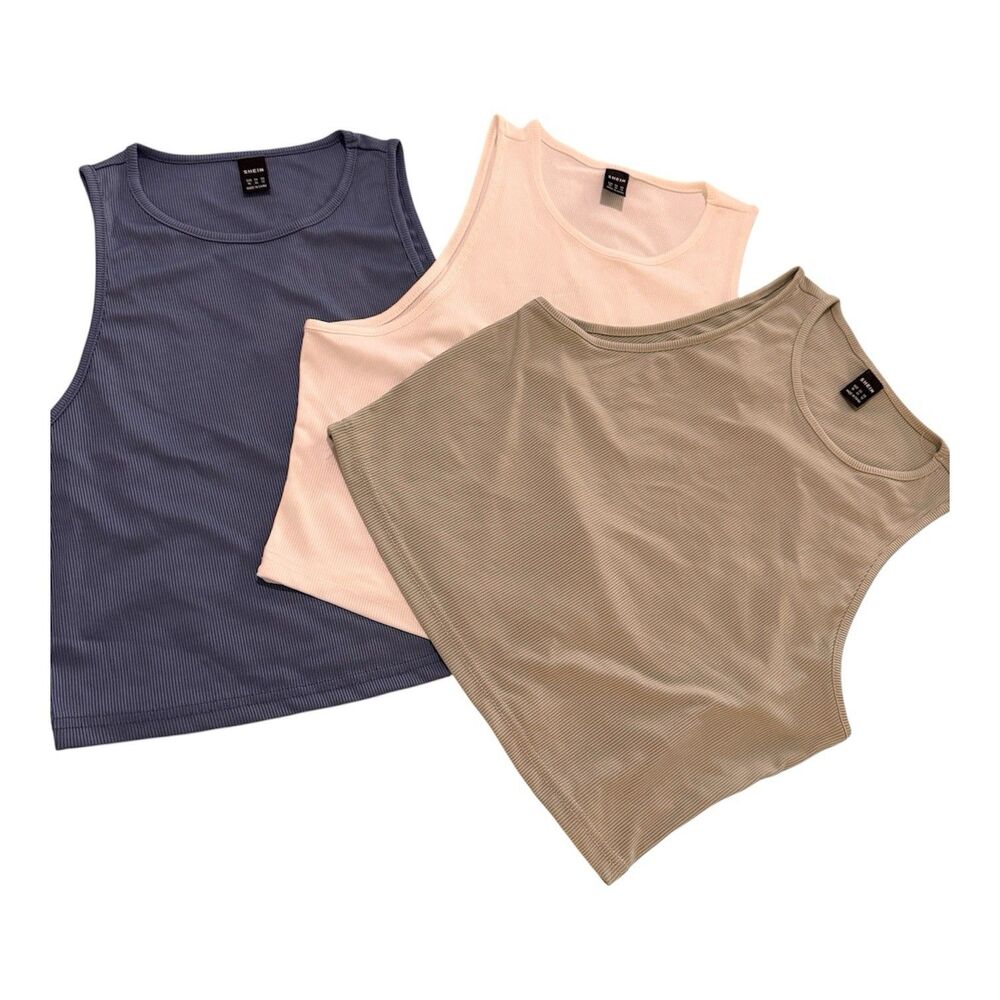NEW Bundle Of 3 Ribbed Tank Tops Women Spandex XL Denim Blue, Olive Green, White